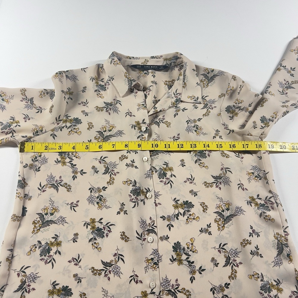 Zara Blouse Top Womens Size XS Basic Summer Flower Beige Semi Sheer Button Front - Picture 8 of 10